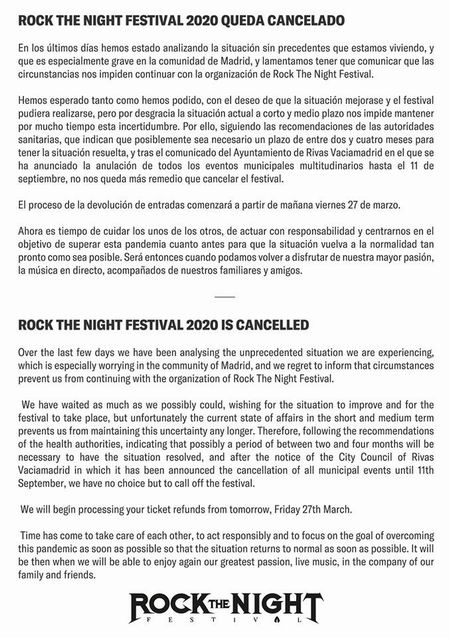 rock the night rivas cancelado suspendido festival
