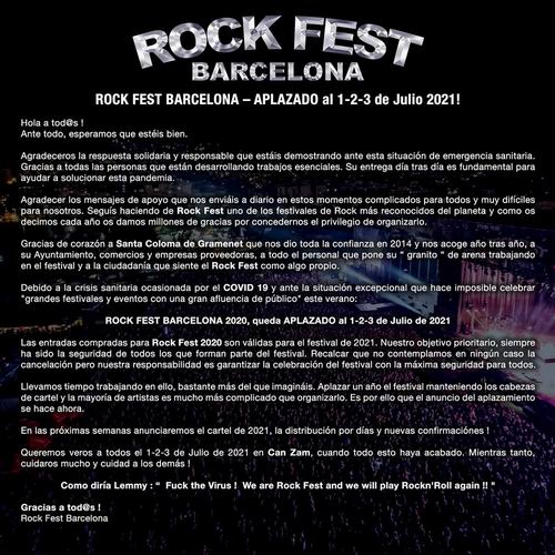 rock fest barcelona 2020 aplazado a 2021